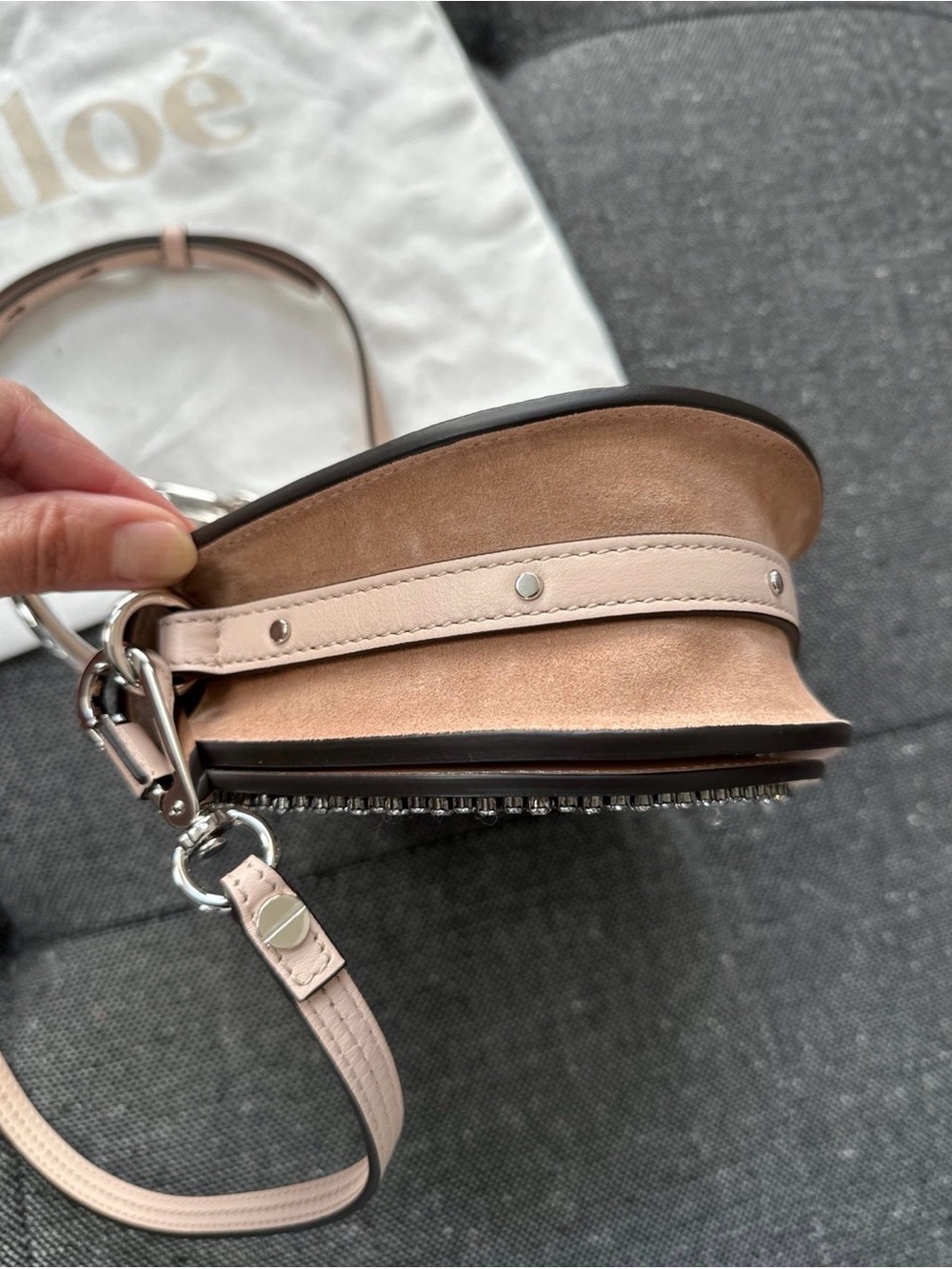 Chloé Nile Crystal Embellished Bracelet Cement Pink Leather Cross Body Bag - Picture 11 of 12